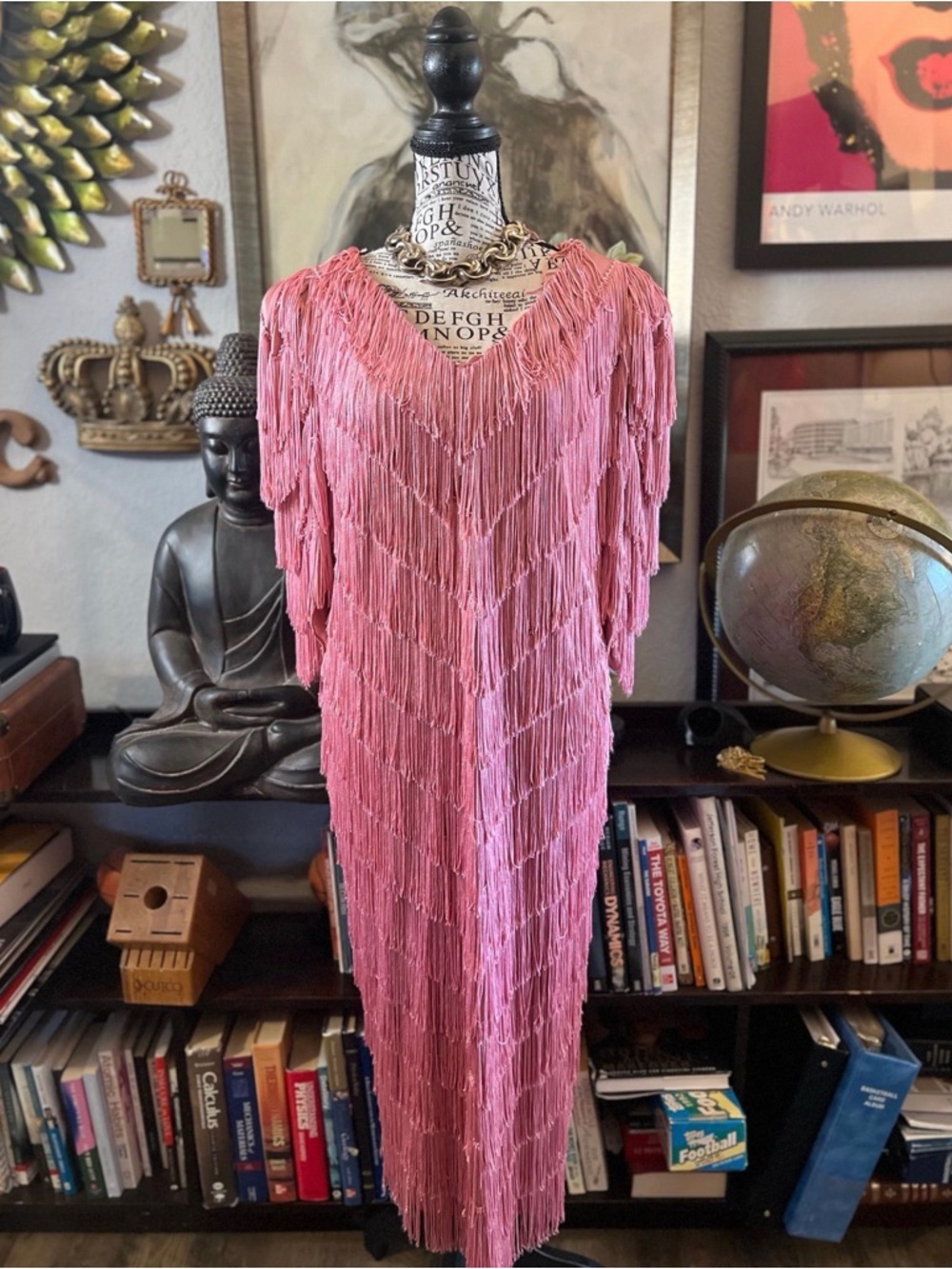 Vintage Dusty Rose Chevron Fringe Dress | Art Deco Statement | L–XL